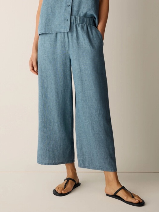 Eileen Fisher Pants - Eileen Fisher Organic Linen Delave Wide Leg Crop Pants Blue Pull On P/M Petite